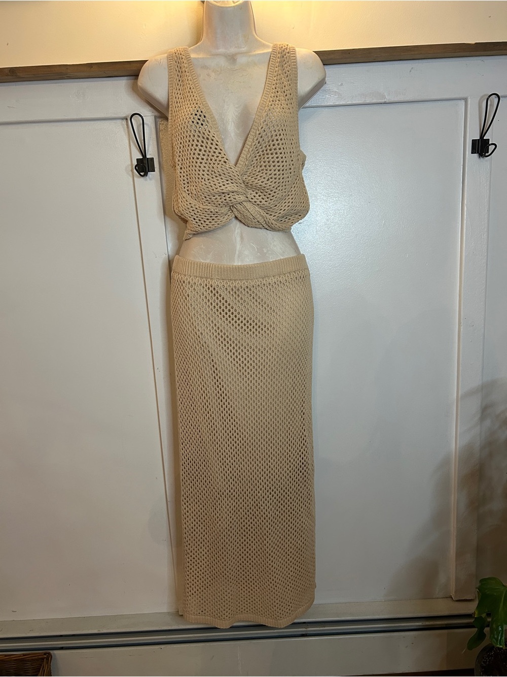 Beige Knit Maxi Dress with Twisted V-Neck